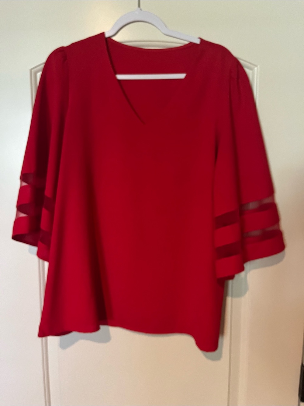 Women's Red V-Neck Flutter Sleeve Blouse